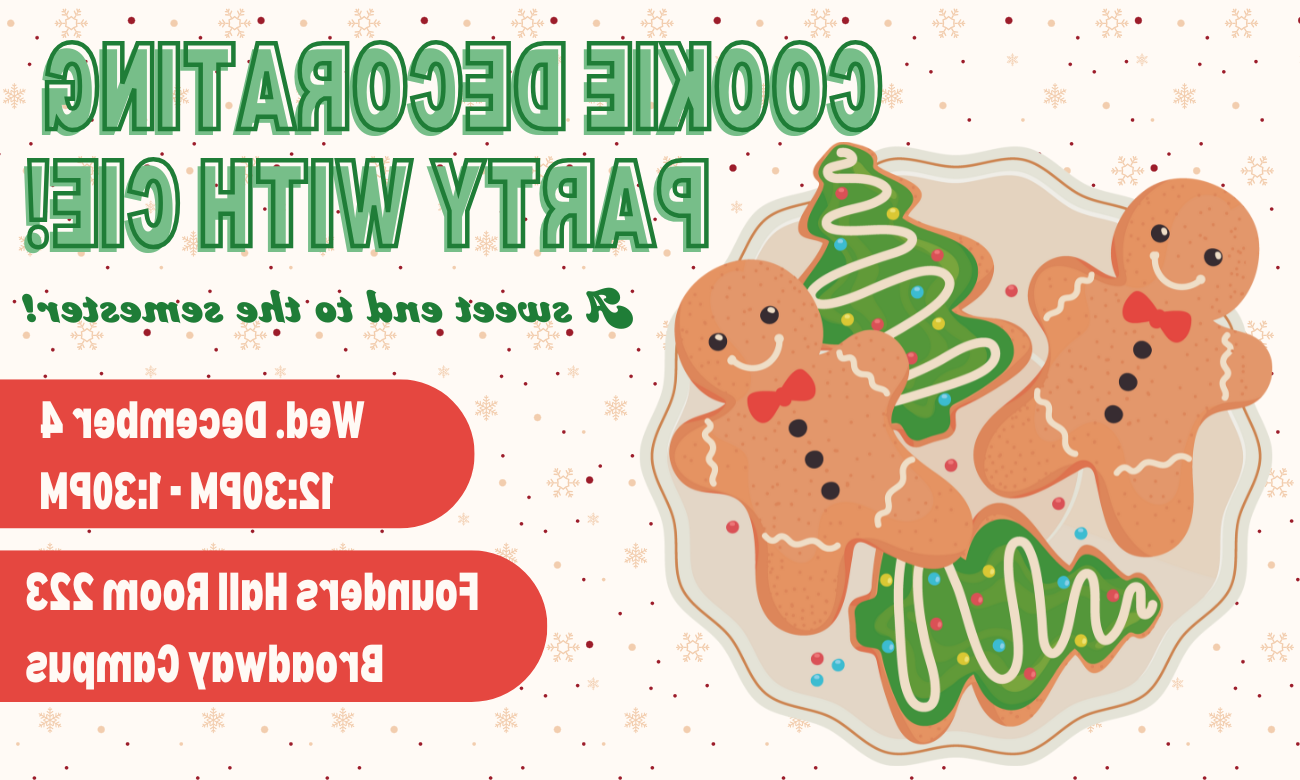 flyer for cookie decorating event featuring a cartoon image of a plate of iced gingerbread cookies against an ivory background patterned with snowflakes. text describing the event's time and location are included in red bubbles toward the bottom of the page.